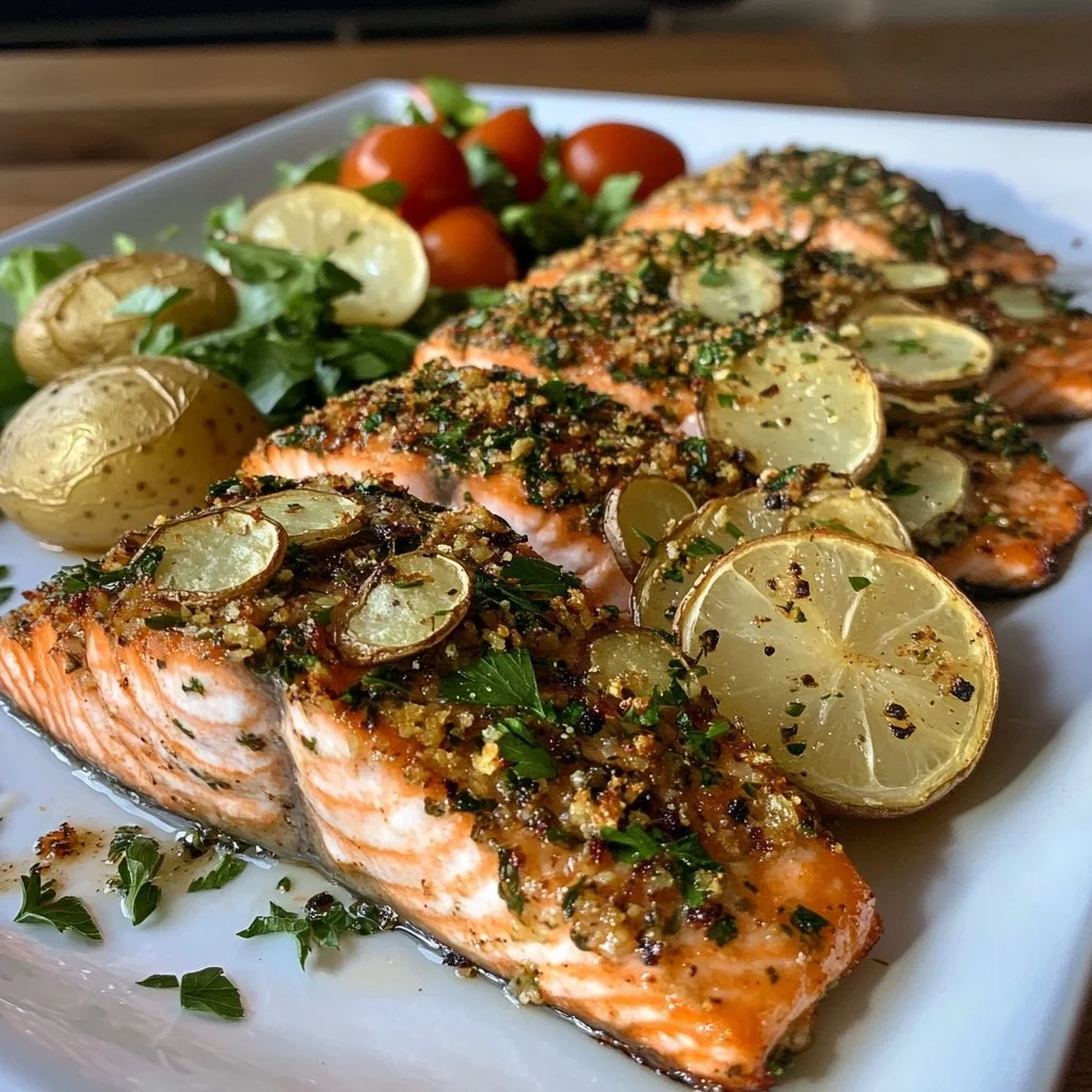Herb-crusted salmon with crispy potatoes and garden salad on a plate