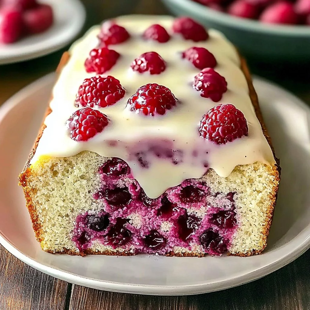 White chocolate and raspberry loaf cake with fresh berries and drizzle