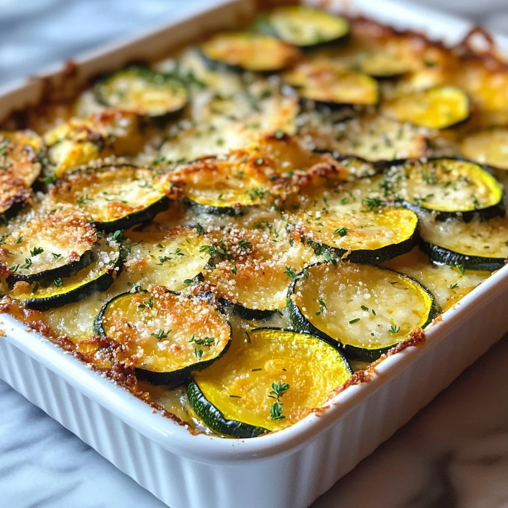 Zucchini and Yellow Squash Au Gratin topped with melted cheese