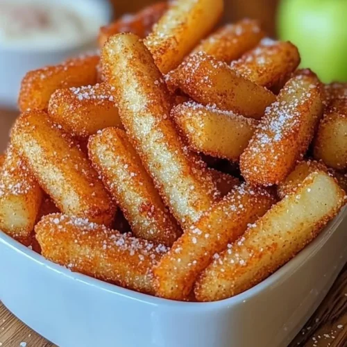 Crispy air fryer apple fries served on a plate with dipping sauce