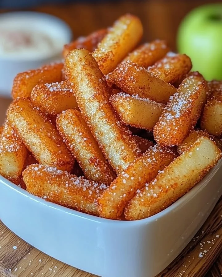 Crispy air fryer apple fries served on a plate with dipping sauce