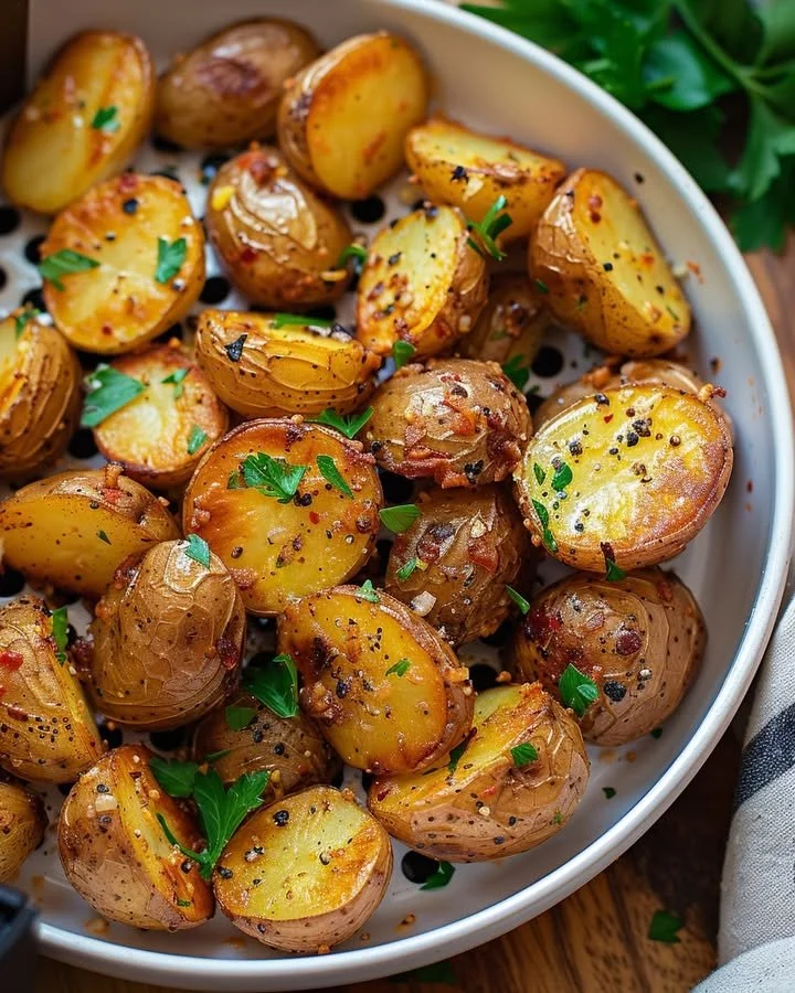Crispy Air Fryer Mustard Roast Potatoes served in a bowl