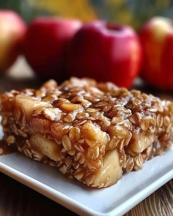 Slice of apple cinnamon baked oatmeal in a white bowl with apple slices