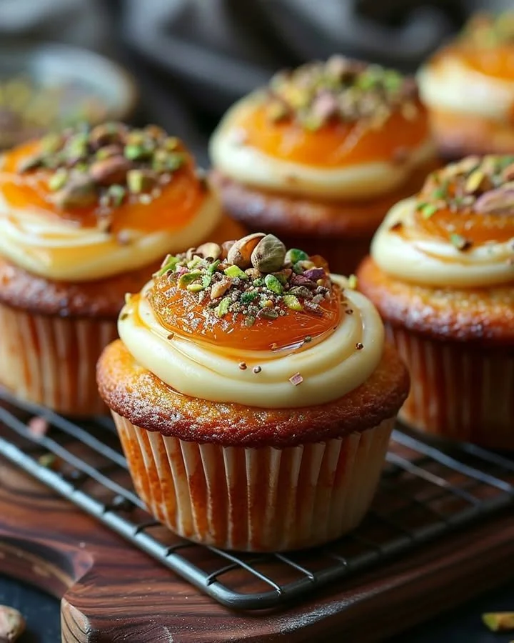 Handmade apricot pistachio truffles displayed on a rustic wooden table.