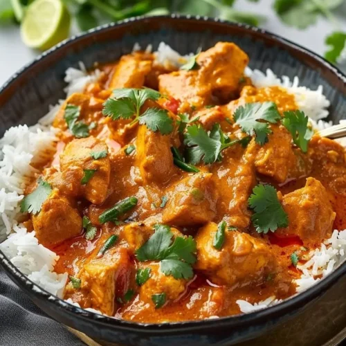 Aromatic Indian chicken curry with creamy coconut and spices served in a bowl.