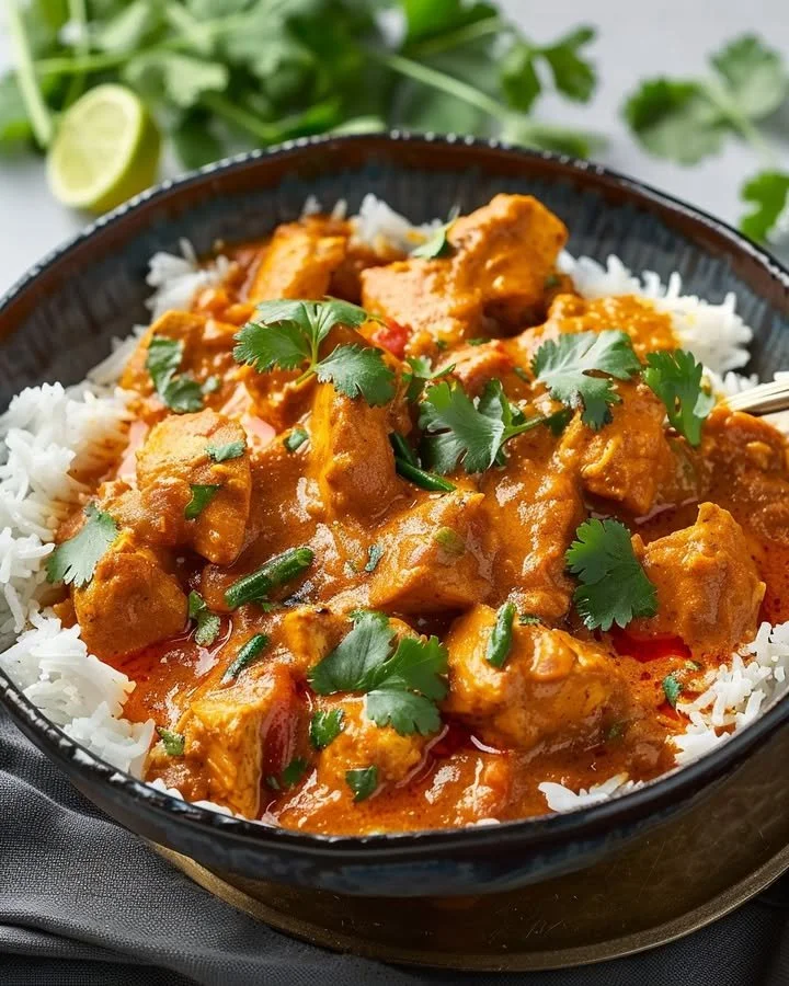 Aromatic Indian chicken curry with creamy coconut and spices served in a bowl.