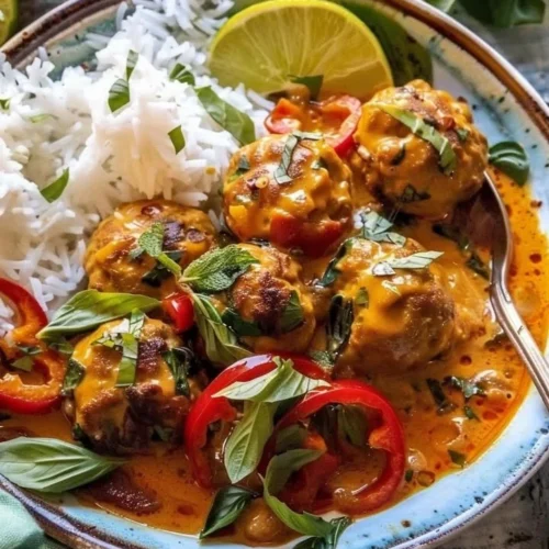 Bowl of Asian-style chicken meatball curry garnished with herbs
