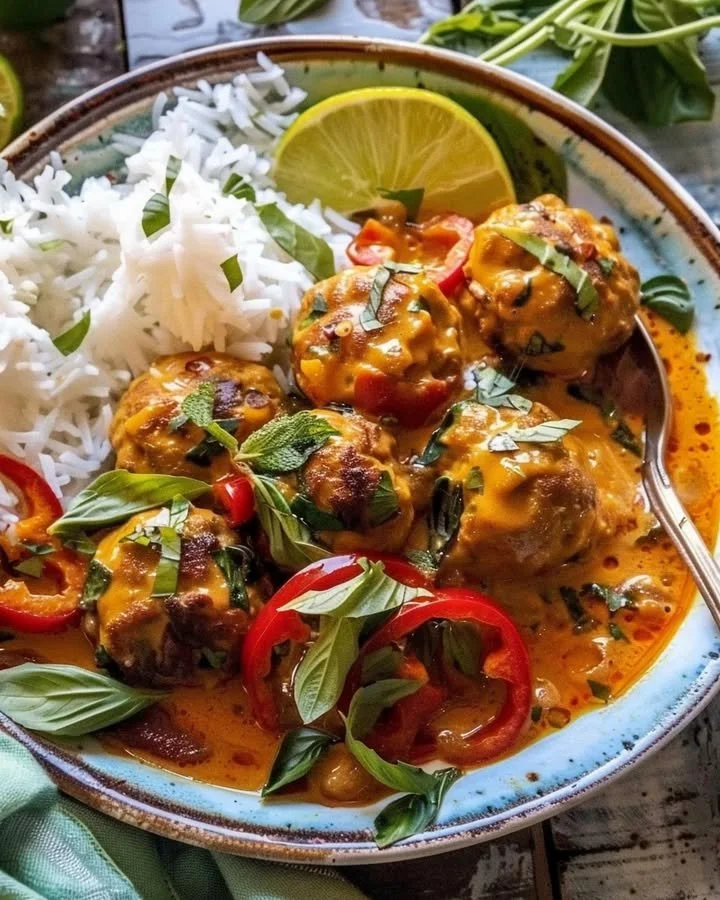 Bowl of Asian-style chicken meatball curry garnished with herbs