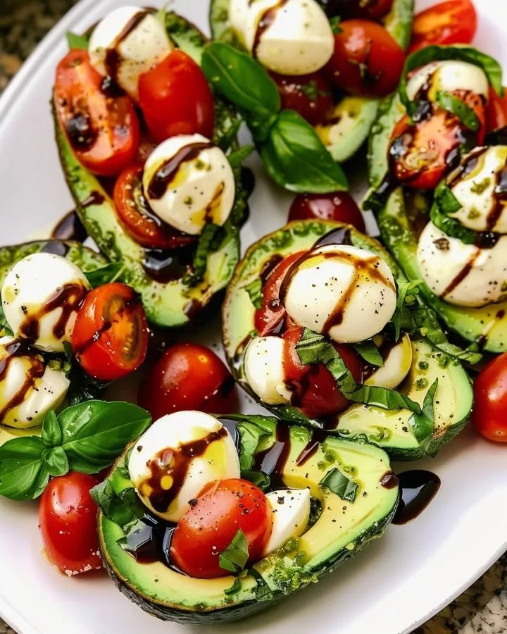 Avocado Caprese Boats served on a platter with basil and balsamic glaze