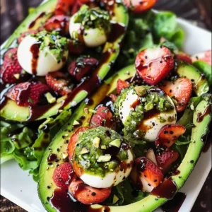 Colorful avocado strawberry salad with greens and a light dressing