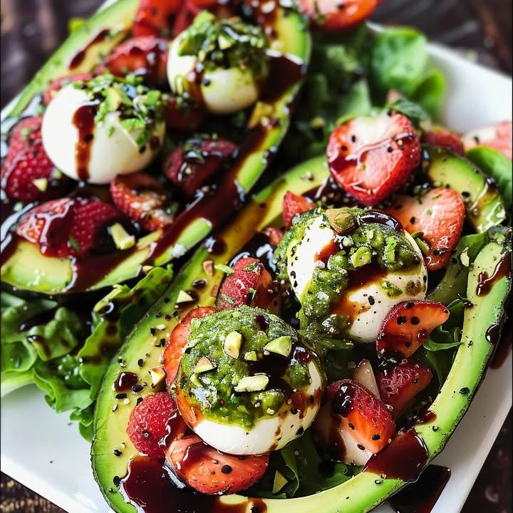Colorful avocado strawberry salad with greens and a light dressing