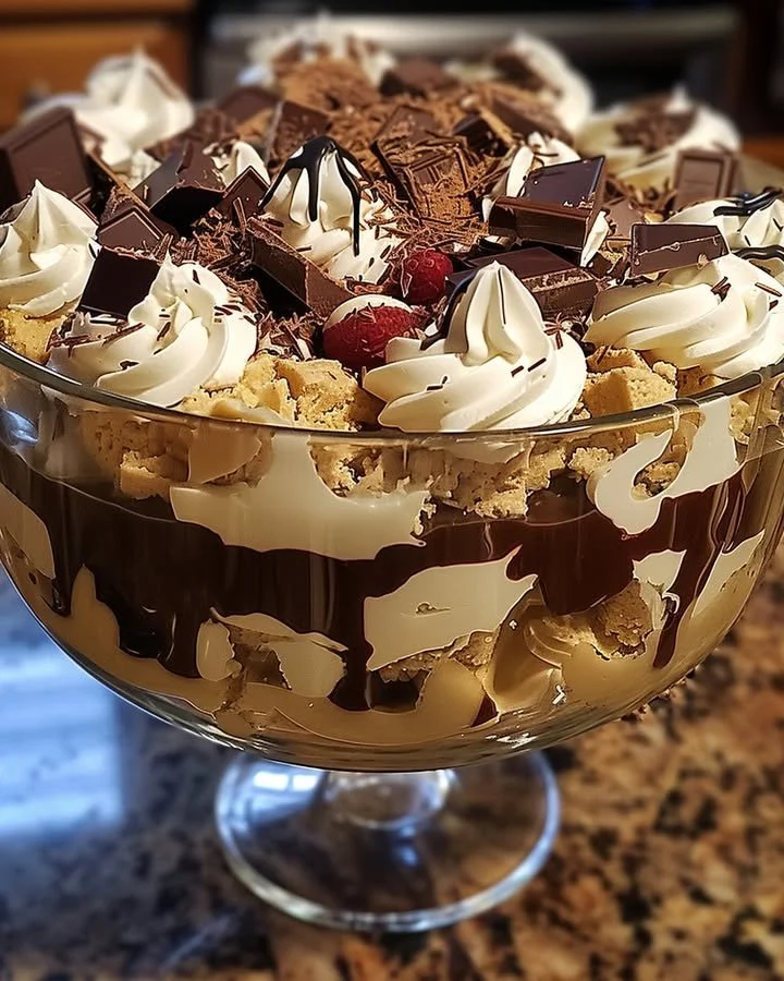 Layered Baileys Chocolate Cheesecake Trifle with rich chocolate and creamy cheesecake