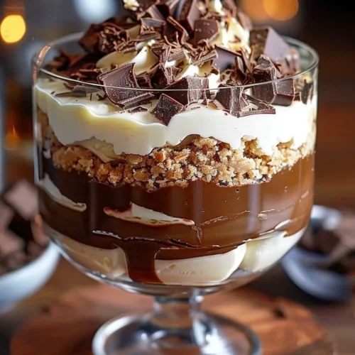 Baileys infused chocolate cheesecake trifle with rich chocolate layers