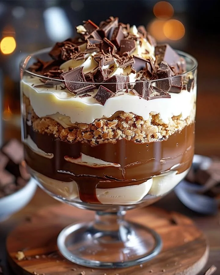 Baileys infused chocolate cheesecake trifle with rich chocolate layers
