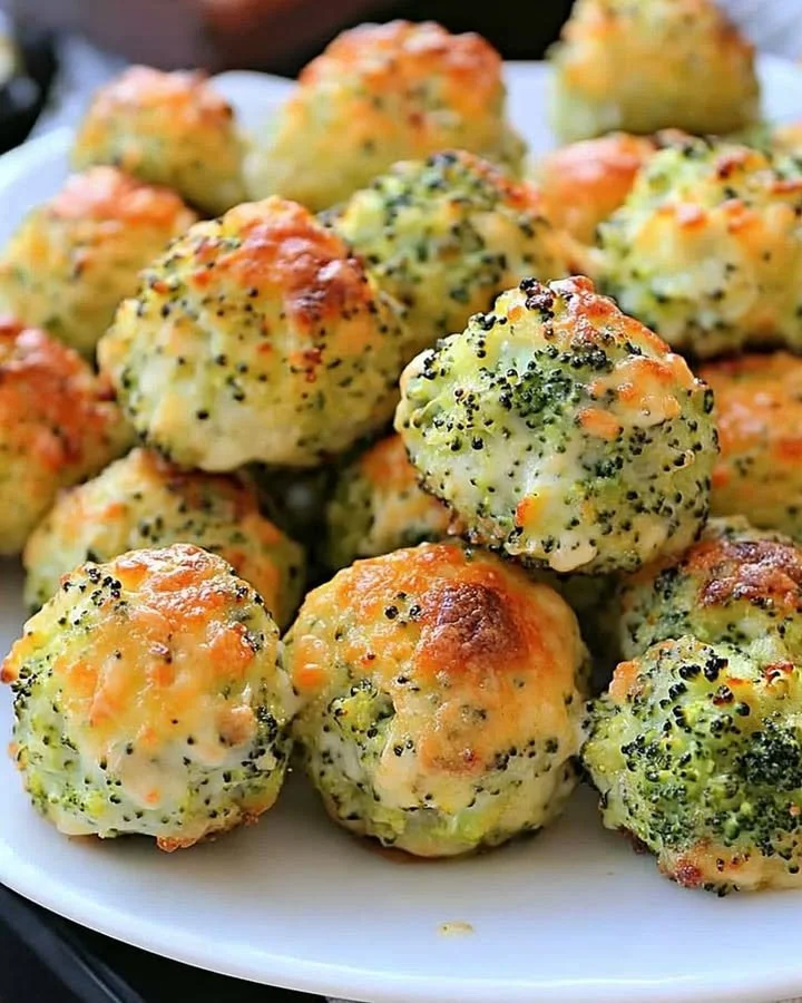 Baked broccoli cheese balls fresh out of the oven, crispy and golden.