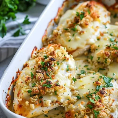 Baked Caesar Chicken seasoned with herbs and topped with crispy Parmesan