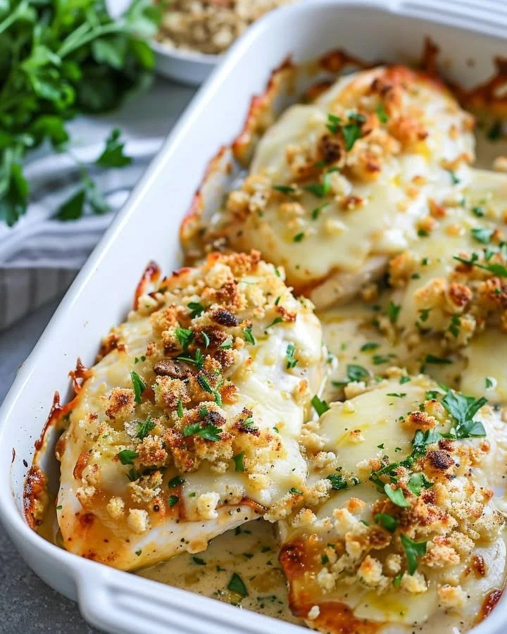Baked Caesar Chicken seasoned with herbs and topped with crispy Parmesan