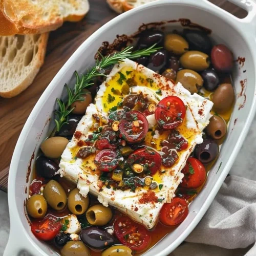 Baked feta topped with olives and tomatoes, served warm in a dish.