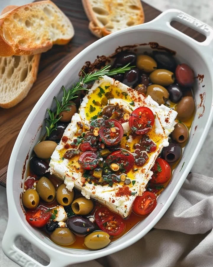 Baked feta topped with olives and tomatoes, served warm in a dish.
