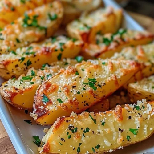 Crispy Baked Garlic Parmesan Potato Wedges served on a plate