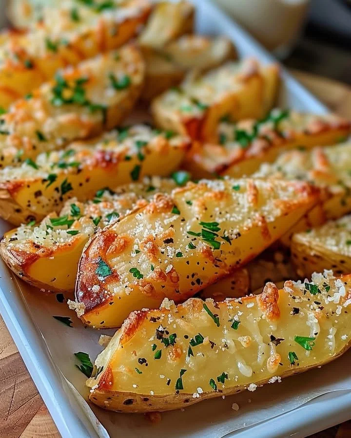 Crispy Baked Garlic Parmesan Potato Wedges served on a plate