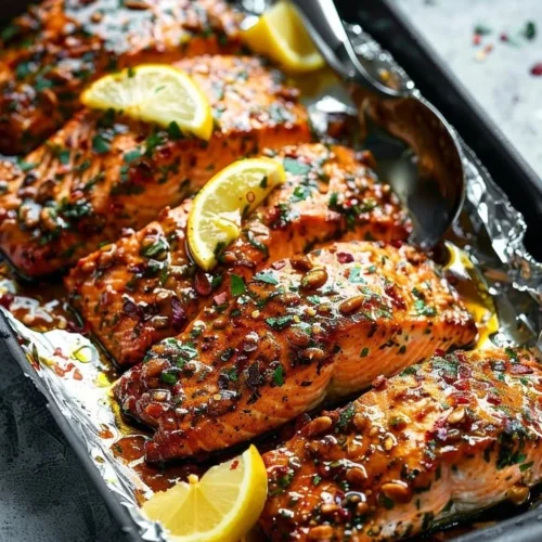 Baked honey garlic salmon fillet with a glossy glaze on a plate