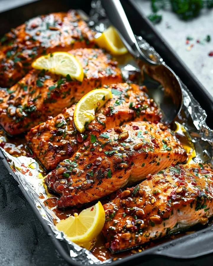 Baked honey garlic salmon fillet with a glossy glaze on a plate