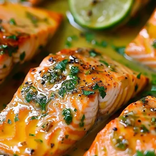 Baked honey lime garlic butter salmon on a plate garnished with herbs