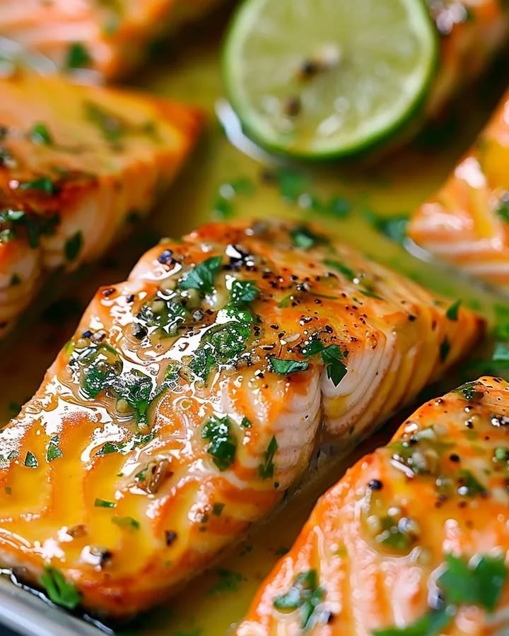 Baked honey lime garlic butter salmon on a plate garnished with herbs