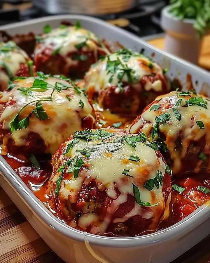 Baked mozzarella stuffed meatballs served on a plate