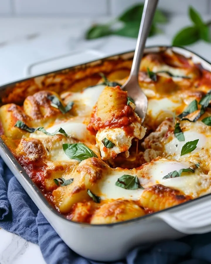 Delicious baked ricotta gnocchi topped with cheese and herbs