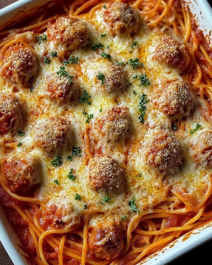 Delicious baked spaghetti meatballs served in a dish, garnished with parsley