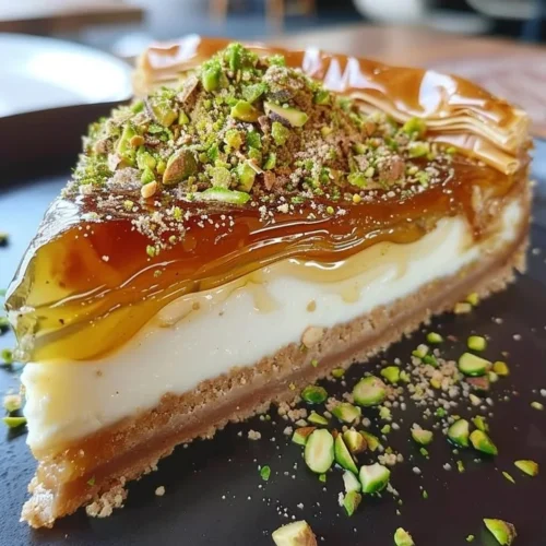 Delicious Baklava Cheesecake topped with nuts and honey drizzle.