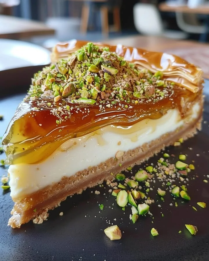 Delicious Baklava Cheesecake topped with nuts and honey drizzle.