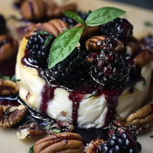 Balsamic glazed brie with blackberries, basil, and candied pecans on a wooden board
