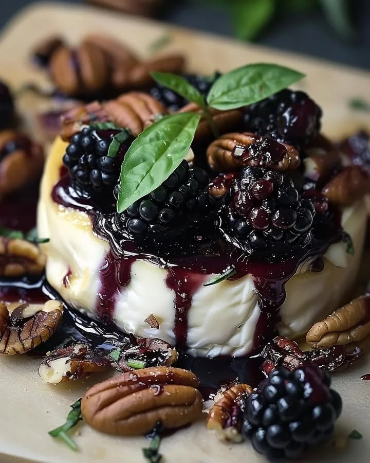 Balsamic glazed brie with blackberries, basil, and candied pecans on a wooden board