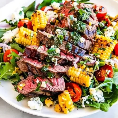 Balsamic Steak Gorgonzola Salad with grilled corn on a wooden table