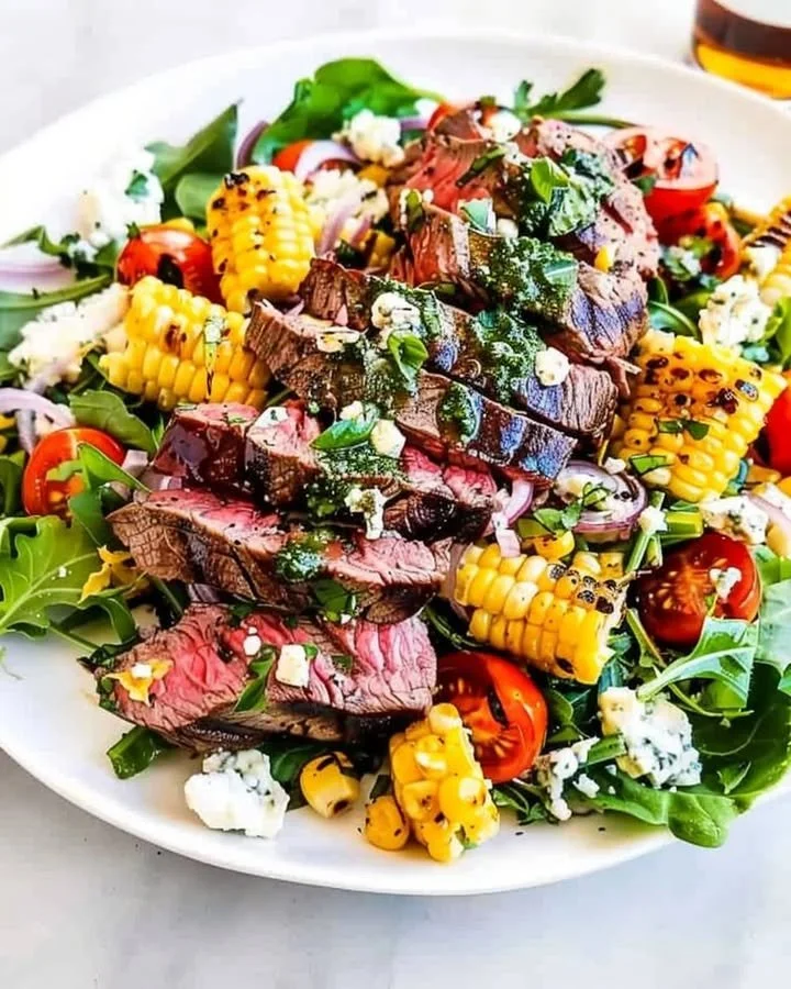 Balsamic Steak Gorgonzola Salad with Grilled Corn served on a plate