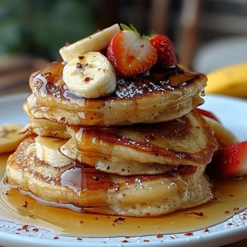 Delicious banana pancakes topped with syrup and fresh fruit.