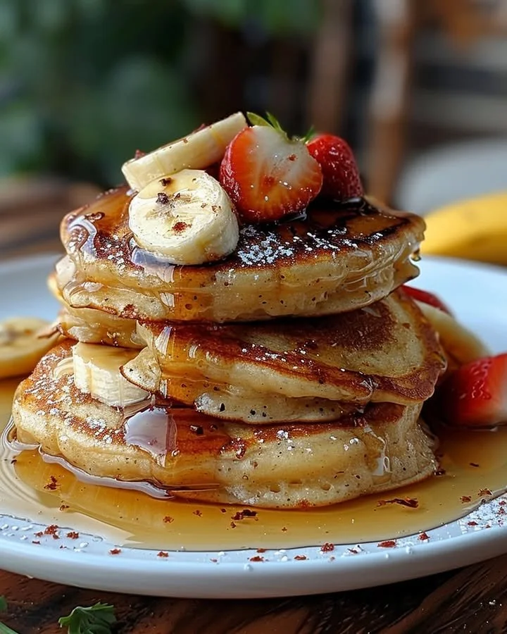 Delicious banana pancakes topped with syrup and fresh fruit.
