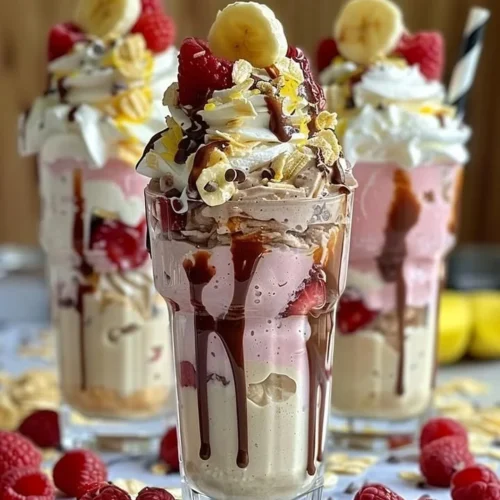 Delicious banana split milkshake topped with whipped cream and cherries