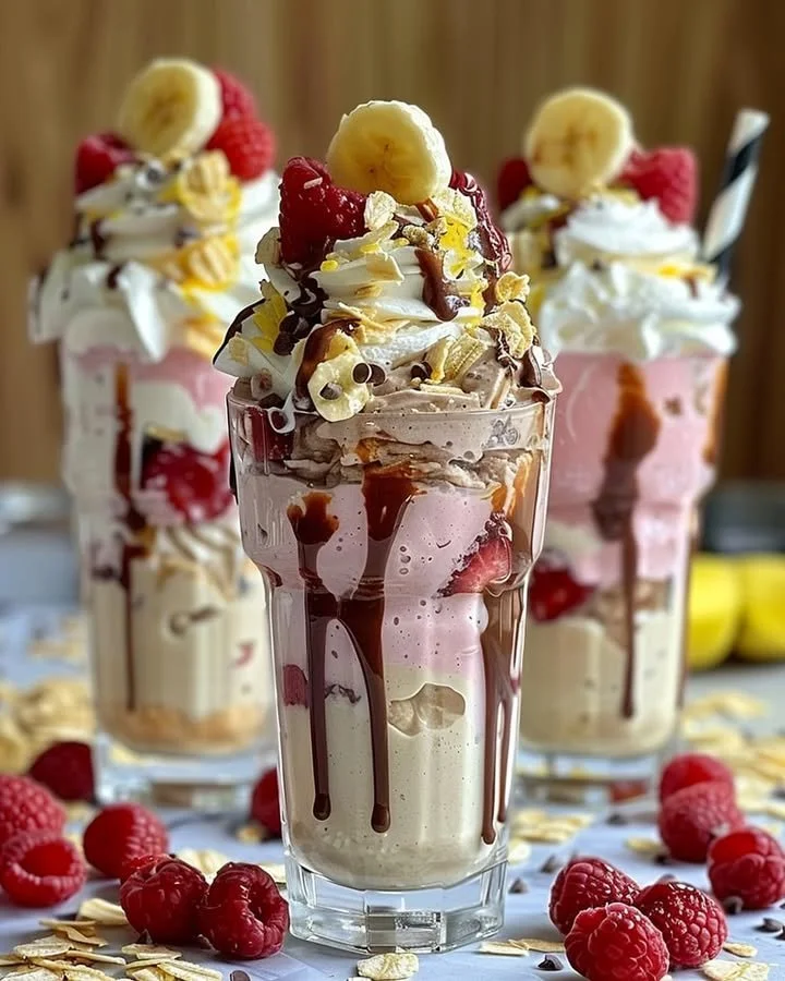 Delicious banana split milkshake topped with whipped cream and cherries