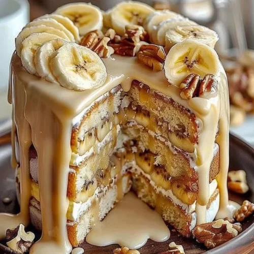 Slice of Banana Walnut Dream Cake with walnuts and bananas on a plate