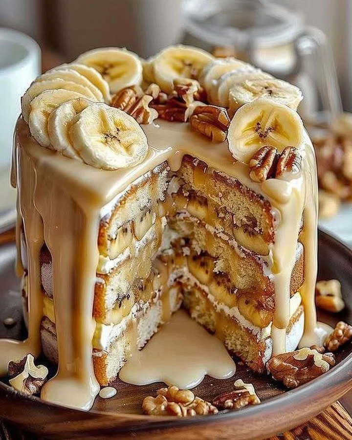 Slice of Banana Walnut Dream Cake with walnuts and bananas on a plate