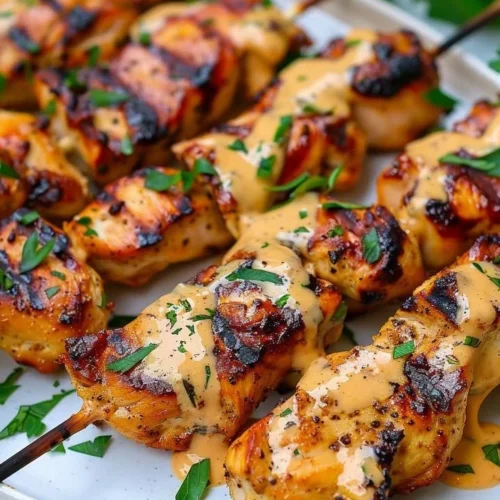 Grilled Bang Bang Chicken Kebabs with a spicy sauce on a platter