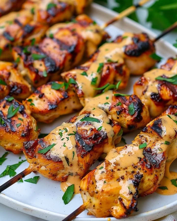 Grilled Bang Bang Chicken Kebabs with a spicy sauce on a platter