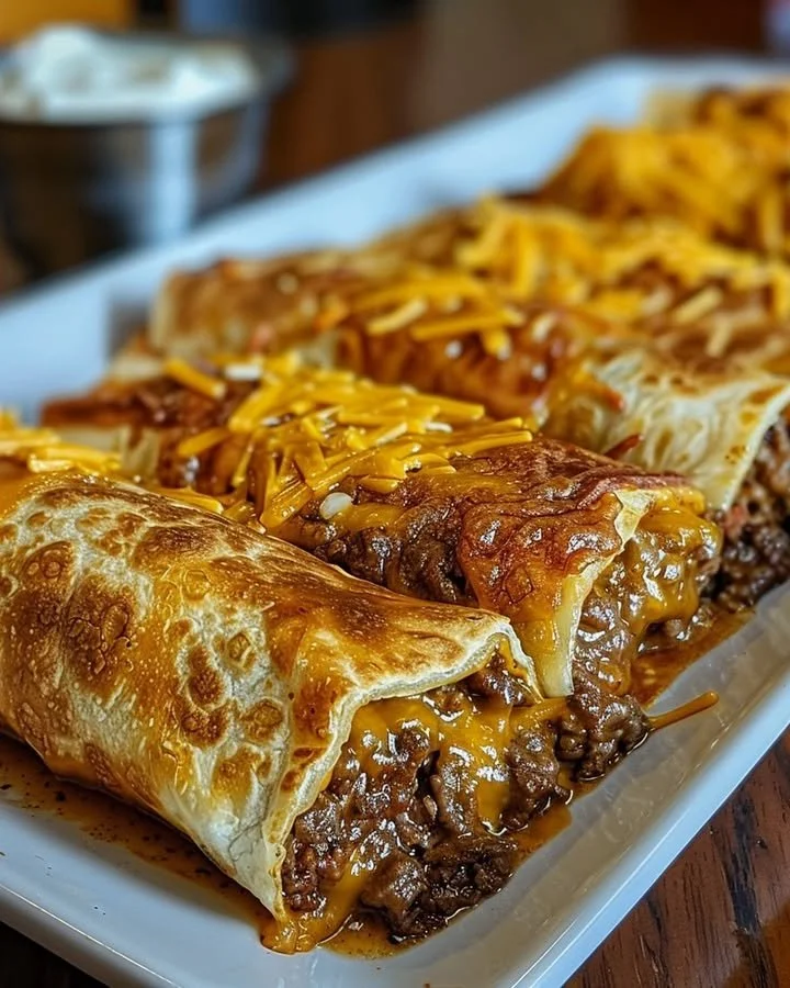 Plate of beef and cheese chimichangas with toppings