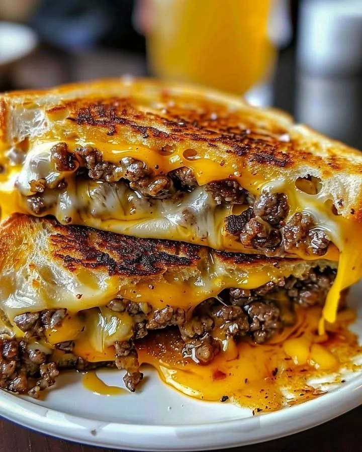 Beef grilled cheese sandwich with melted cheese and savory beef on toasted bread