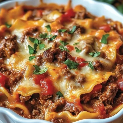 Beef Lombardi Casserole with cheese and pasta in a baking dish