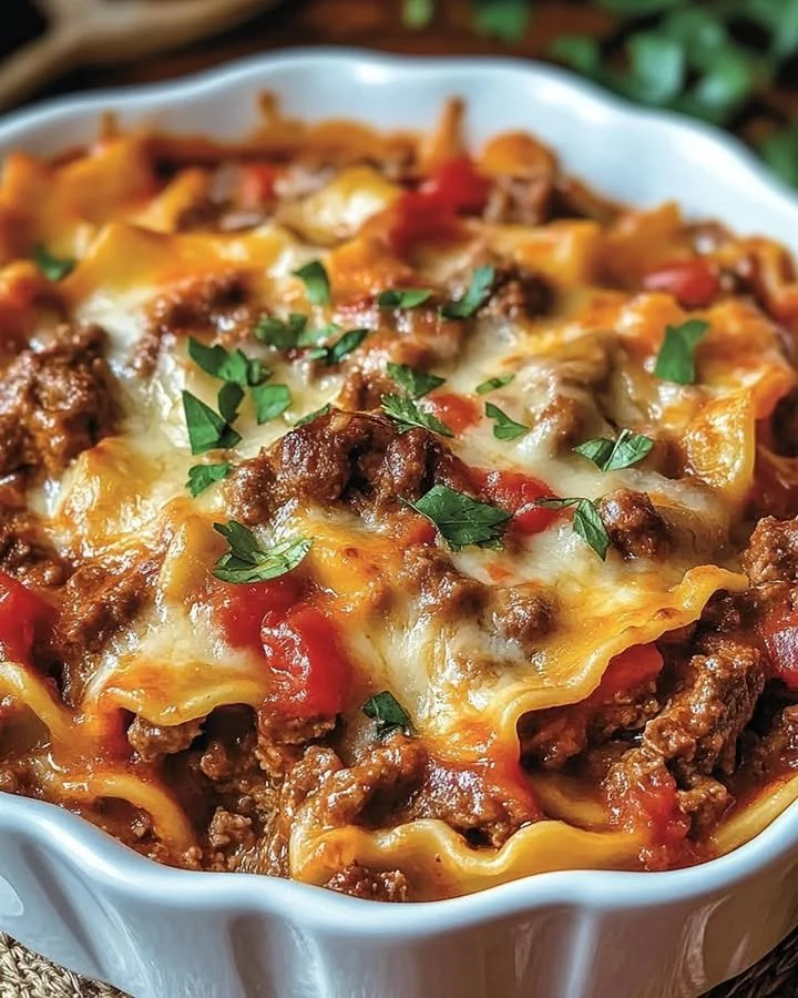 Beef Lombardi Casserole with cheese and pasta in a baking dish